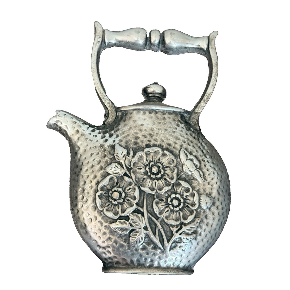 Vintage Pewter decorative hanging teapot Wall Mount Flower Pattern 9.5"H